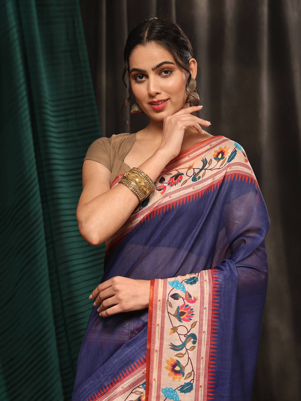 Hiral Fashion Navy Blue Paithani Cotton Blend Solid Digital Printed Saree | Grocsy