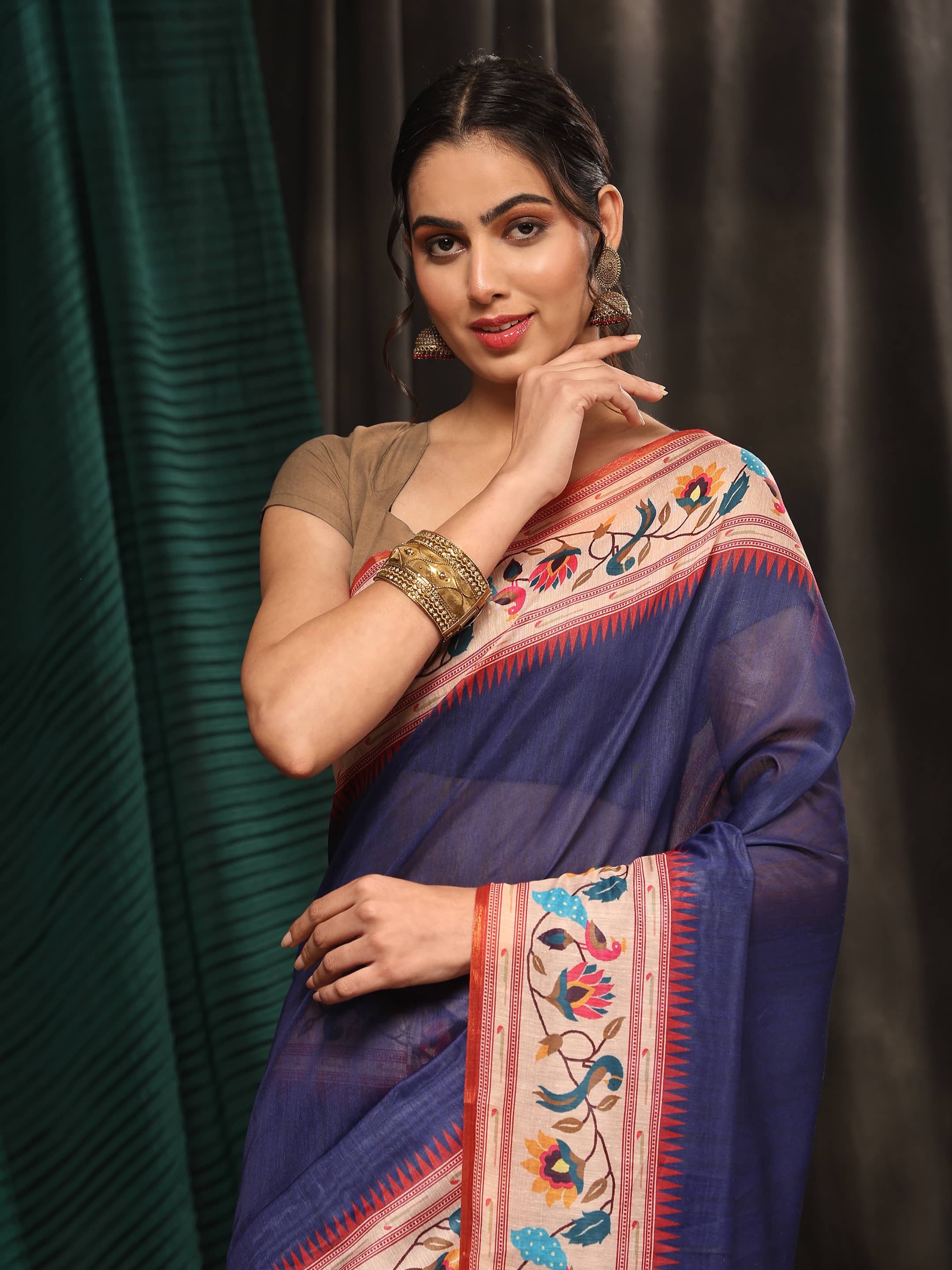 Hiral Fashion Navy Blue Paithani Cotton Blend Solid Digital Printed Saree | Grocsy