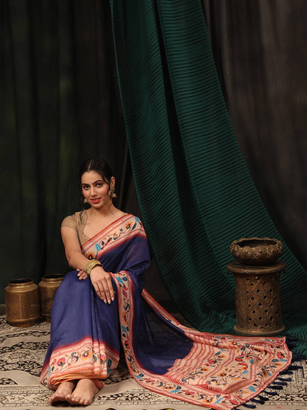 Hiral Fashion Navy Blue Paithani Cotton Blend Solid Digital Printed Saree | Grocsy