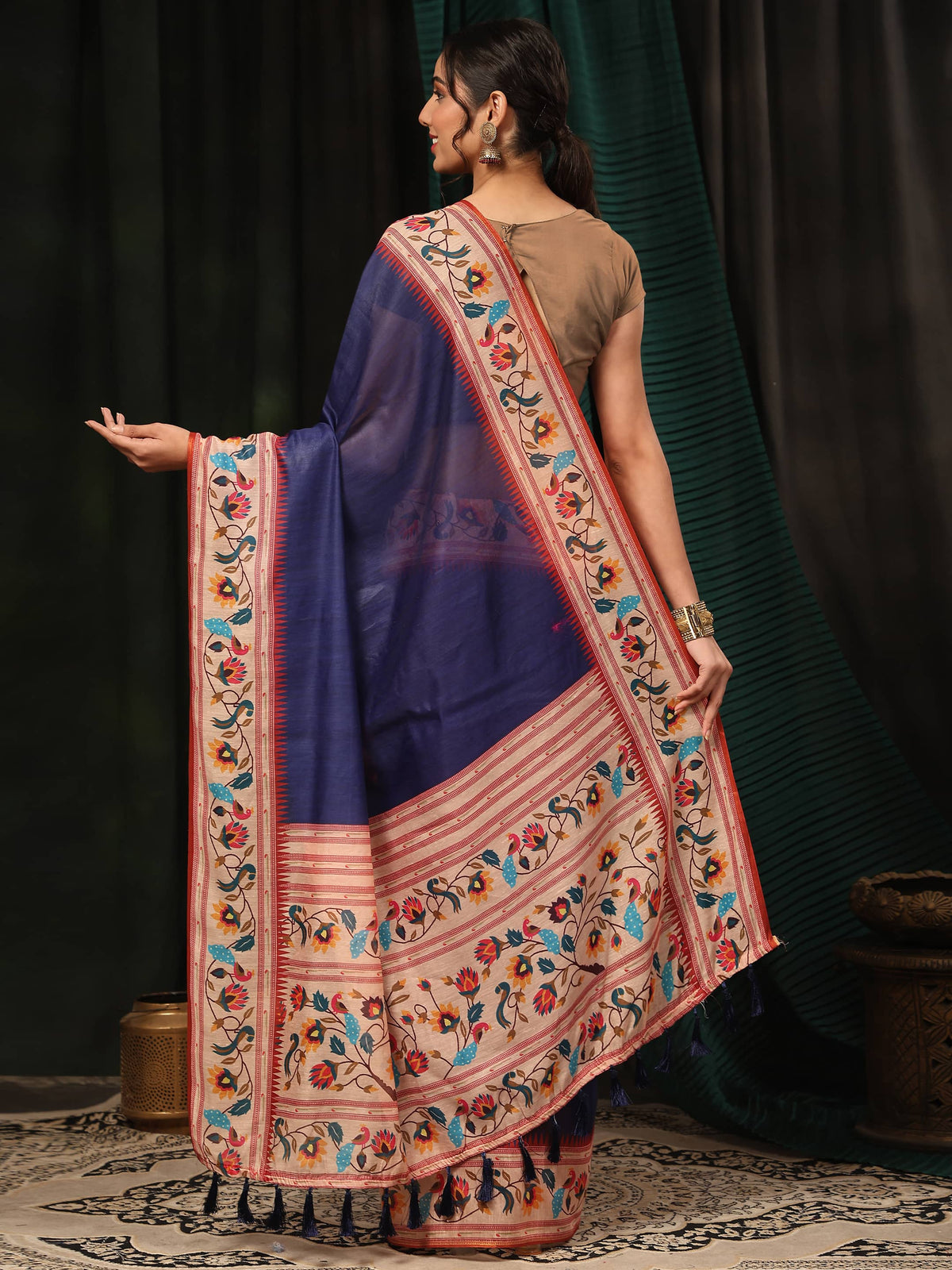 Hiral Fashion Navy Blue Paithani Cotton Blend Solid Digital Printed Saree | Grocsy