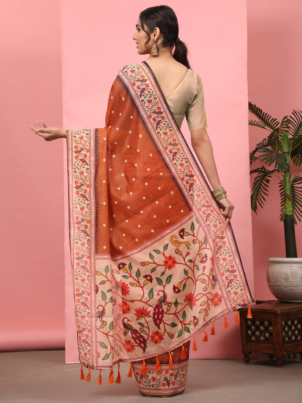 Hiral Fashion Orange Paithani Cotton Blend Polka Dots Digital Printed Saree | Grocsy