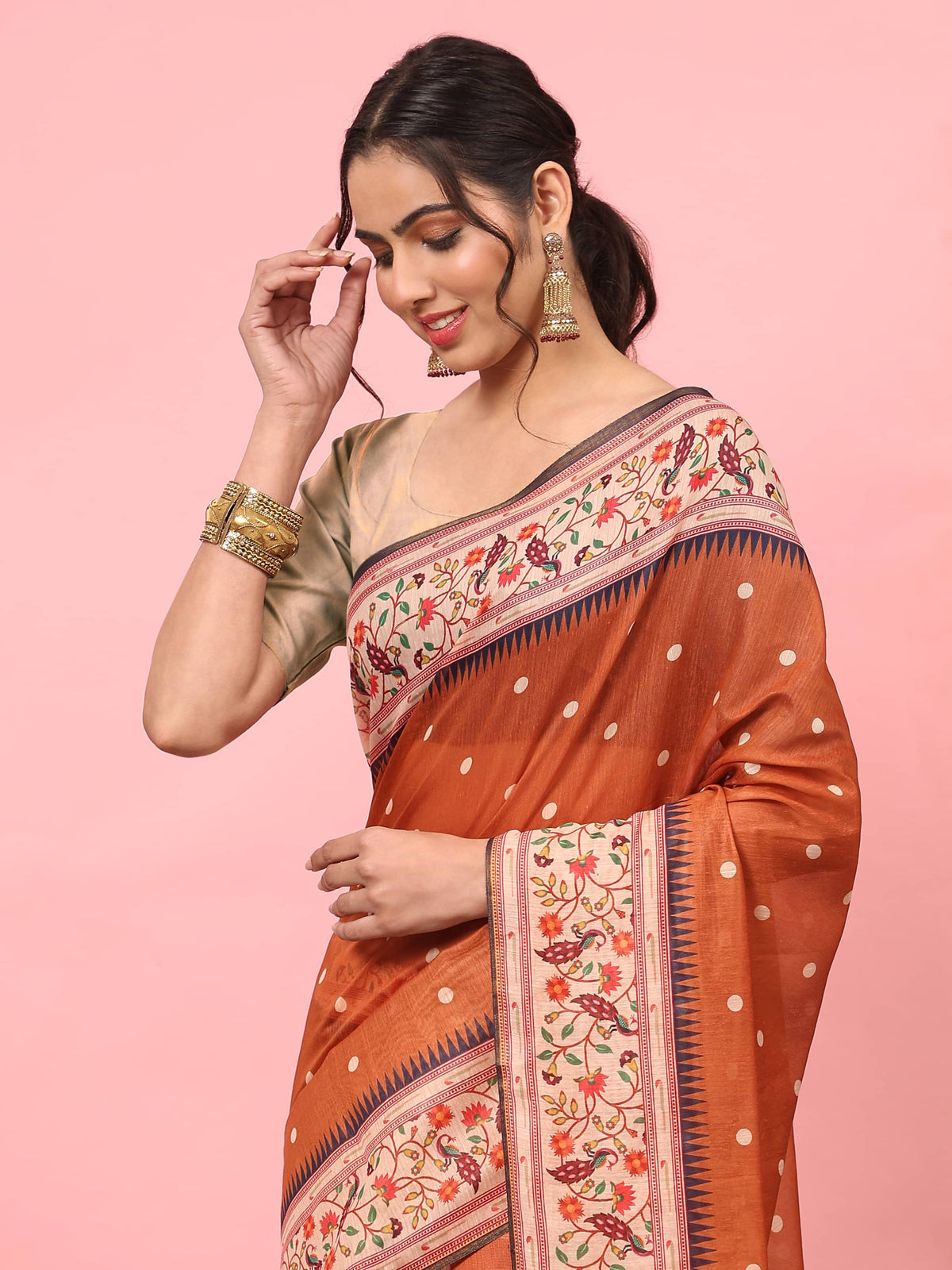 Hiral Fashion Orange Paithani Cotton Blend Polka Dots Digital Printed Saree | Grocsy
