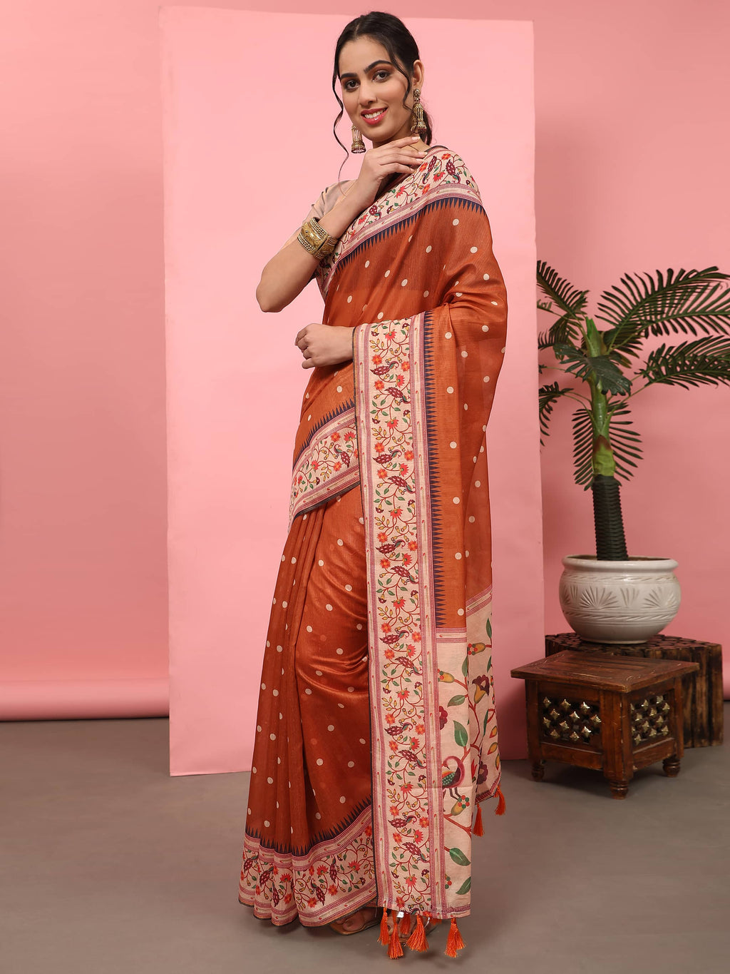 Hiral Fashion Orange Paithani Cotton Blend Polka Dots Digital Printed Saree | Grocsy
