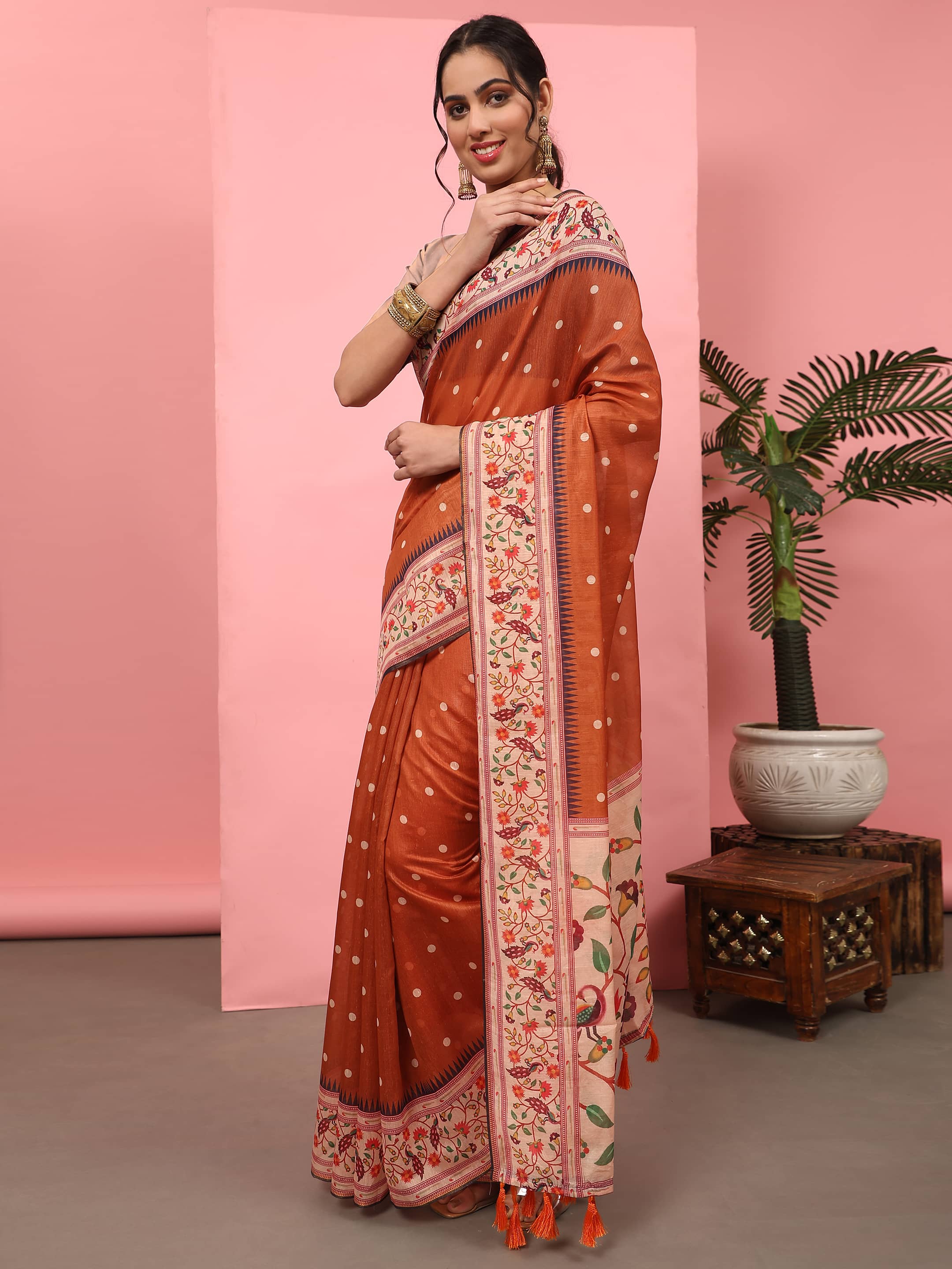 Hiral Fashion Orange Paithani Cotton Blend Polka Dots Digital Printed Saree | Grocsy