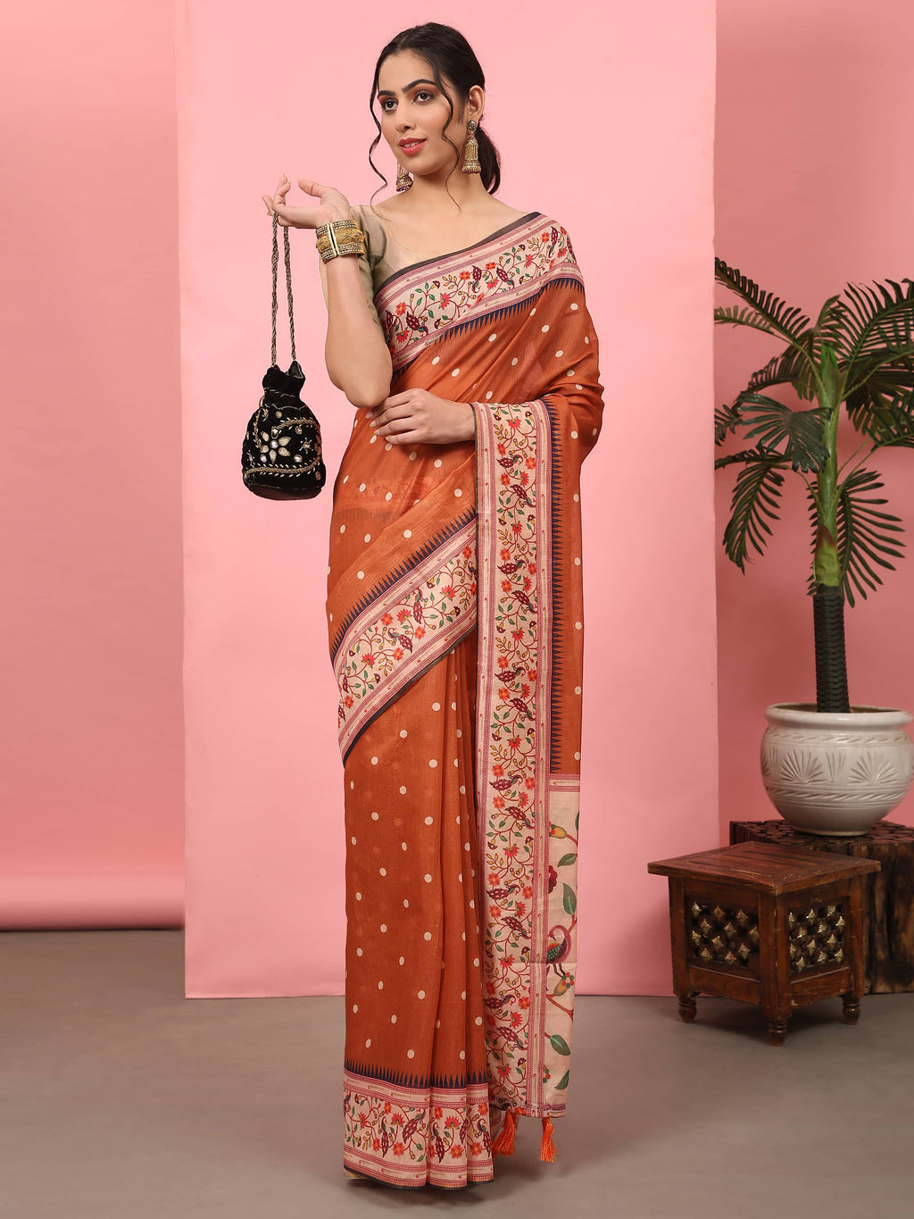 Hiral Fashion Orange Paithani Cotton Blend Polka Dots Digital Printed Saree | Grocsy