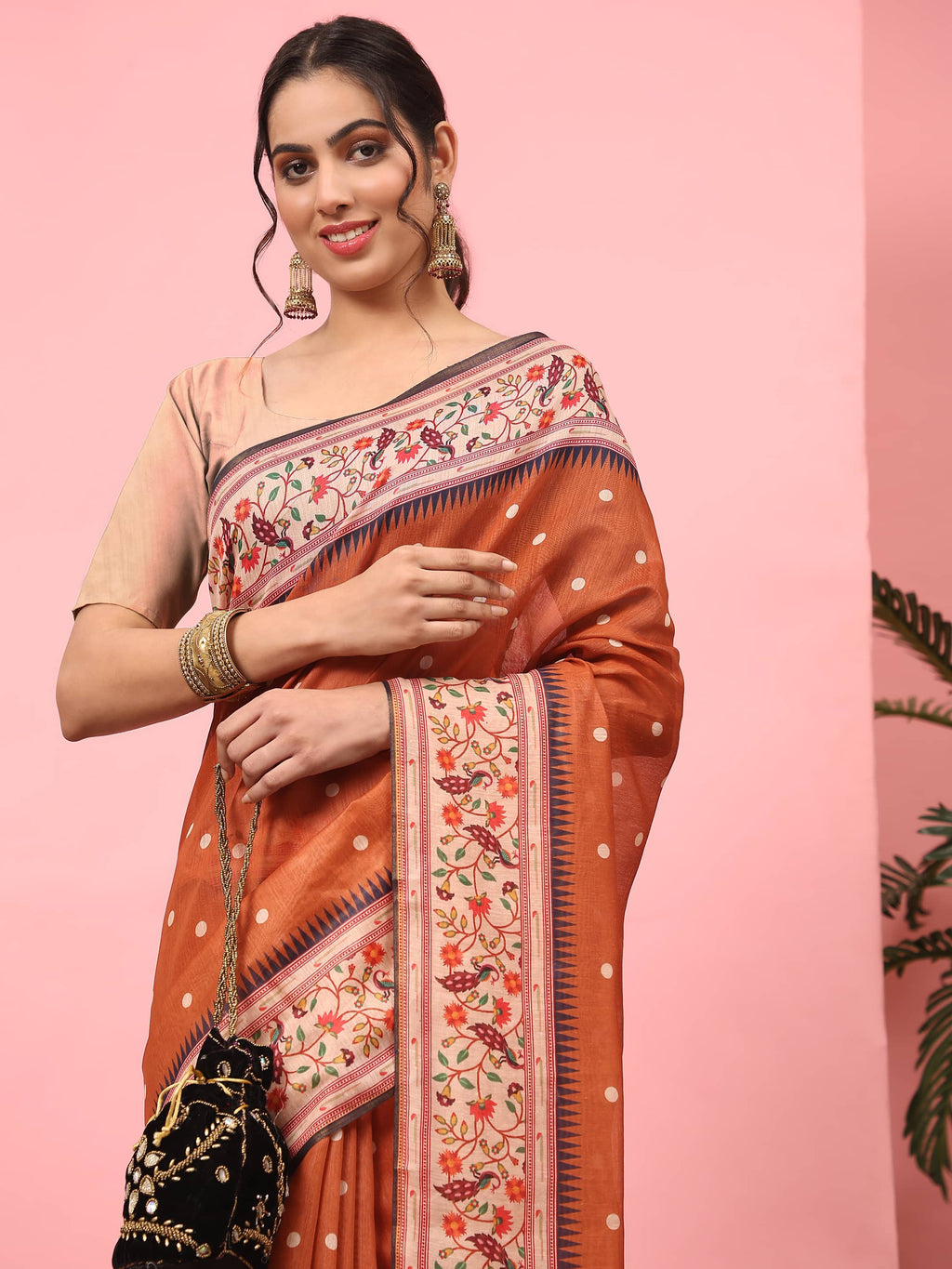 Hiral Fashion Orange Paithani Cotton Blend Polka Dots Digital Printed Saree | Grocsy