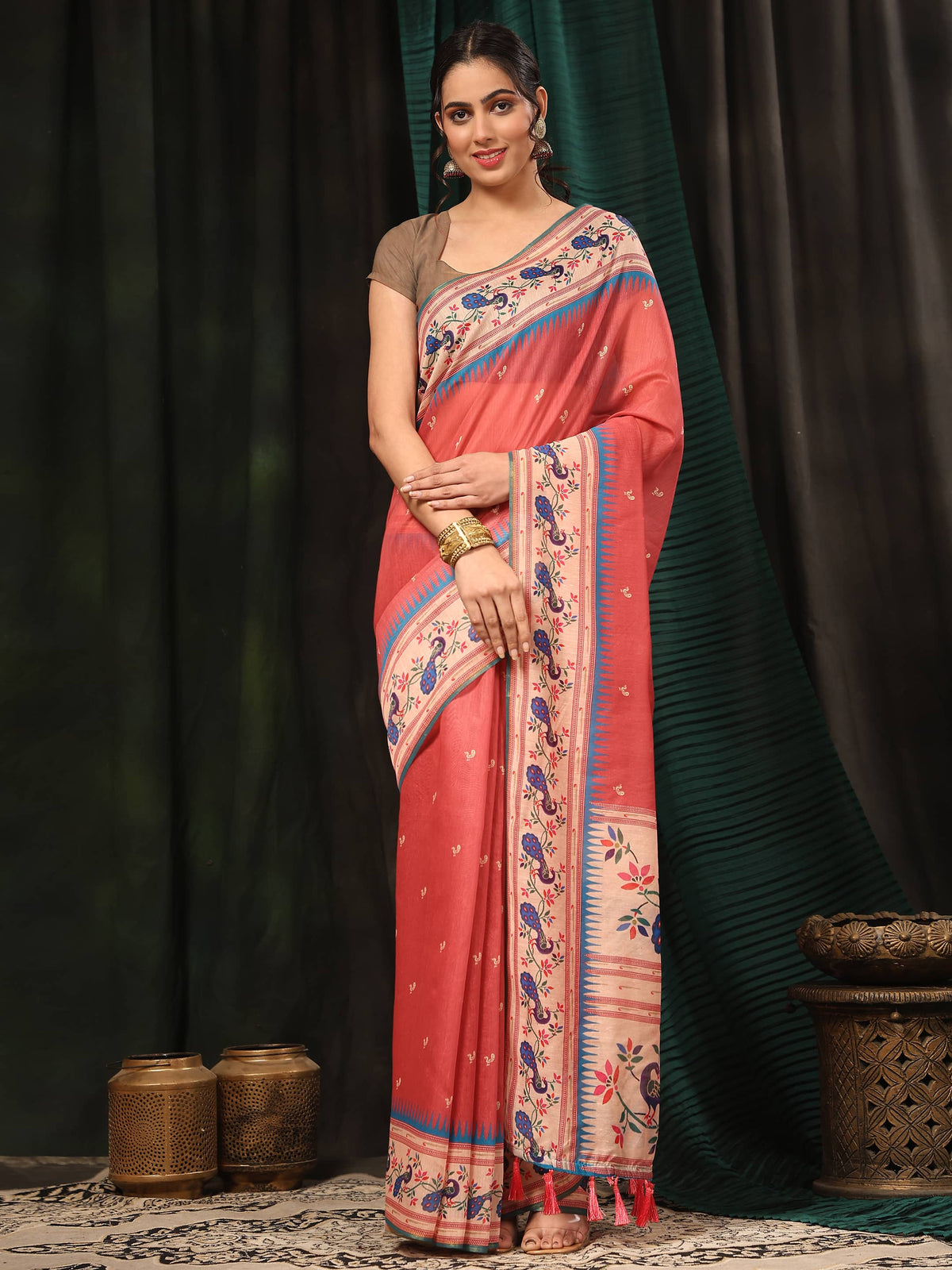 Hiral Fashion Pink Paithani Cotton Blend Animal Print Digital Printed Saree | Grocsy