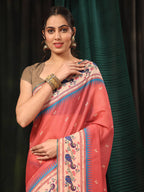 Hiral Fashion Pink Paithani Cotton Blend Animal Print Digital Printed Saree | Grocsy