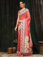 Hiral Fashion Pink Paithani Cotton Blend Animal Print Digital Printed Saree | Grocsy