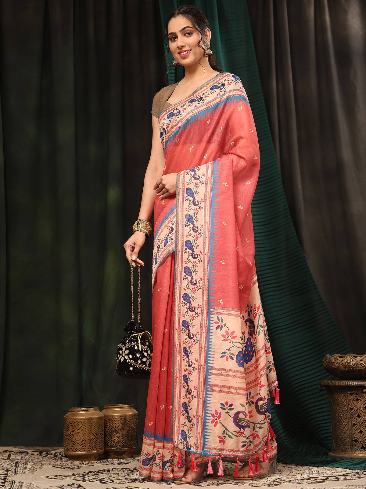 Hiral Fashion Pink Paithani Cotton Blend Animal Print Digital Printed Saree | Grocsy