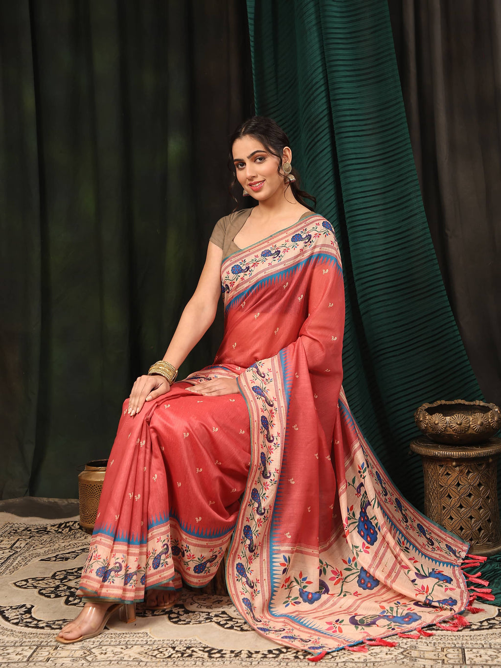 Hiral Fashion Pink Paithani Cotton Blend Animal Print Digital Printed Saree | Grocsy