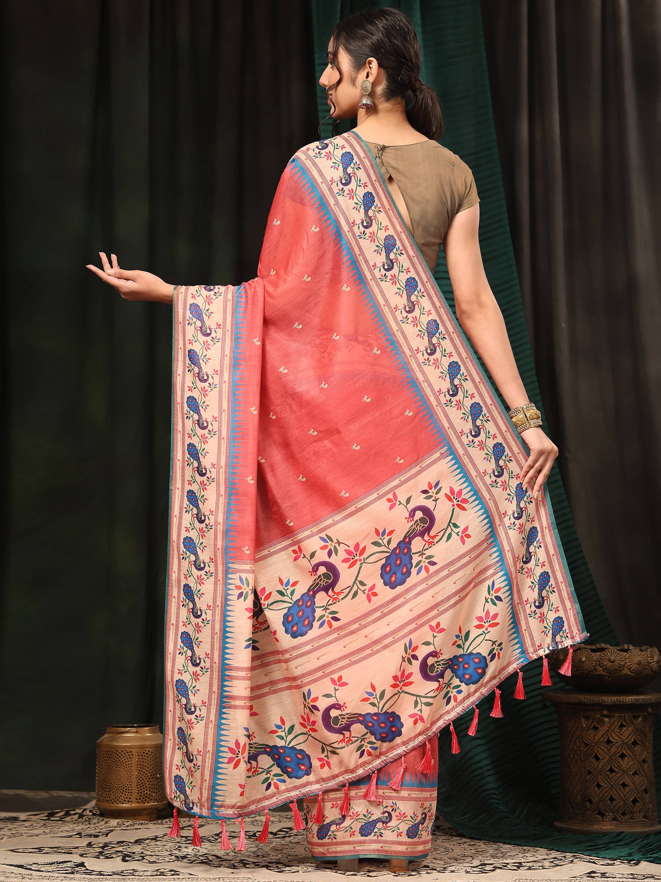 Hiral Fashion Pink Paithani Cotton Blend Animal Print Digital Printed Saree | Grocsy