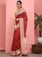 Hiral Fashion Red Paithani Cotton Blend Solid Digital Printed Saree | Grocsy
