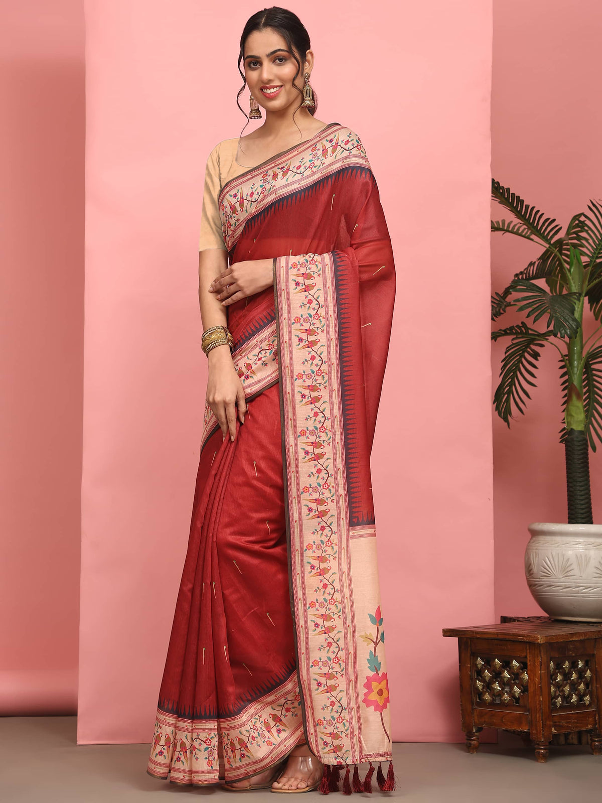 Hiral Fashion Red Paithani Cotton Blend Solid Digital Printed Saree | Grocsy