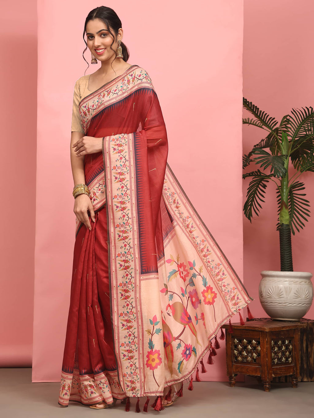 Hiral Fashion Red Paithani Cotton Blend Solid Digital Printed Saree | Grocsy