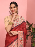 Hiral Fashion Red Paithani Cotton Blend Solid Digital Printed Saree | Grocsy