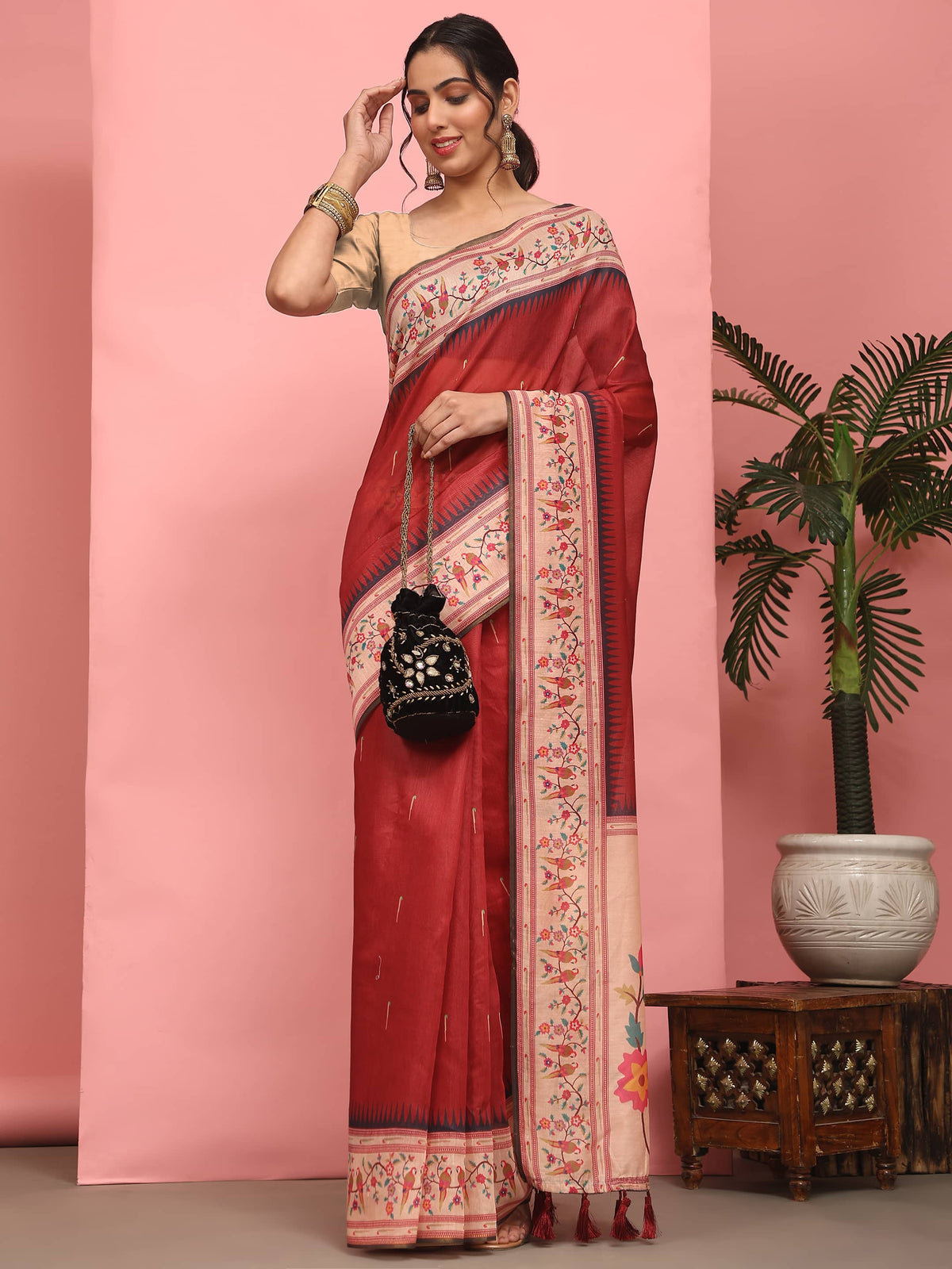 Hiral Fashion Red Paithani Cotton Blend Solid Digital Printed Saree | Grocsy