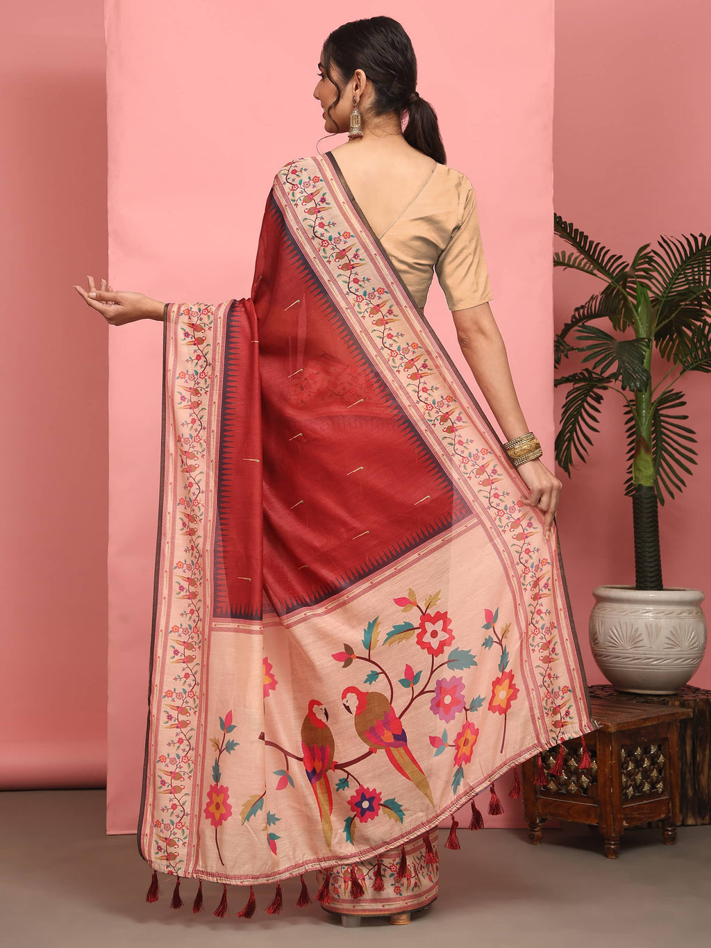 Hiral Fashion Red Paithani Cotton Blend Solid Digital Printed Saree | Grocsy