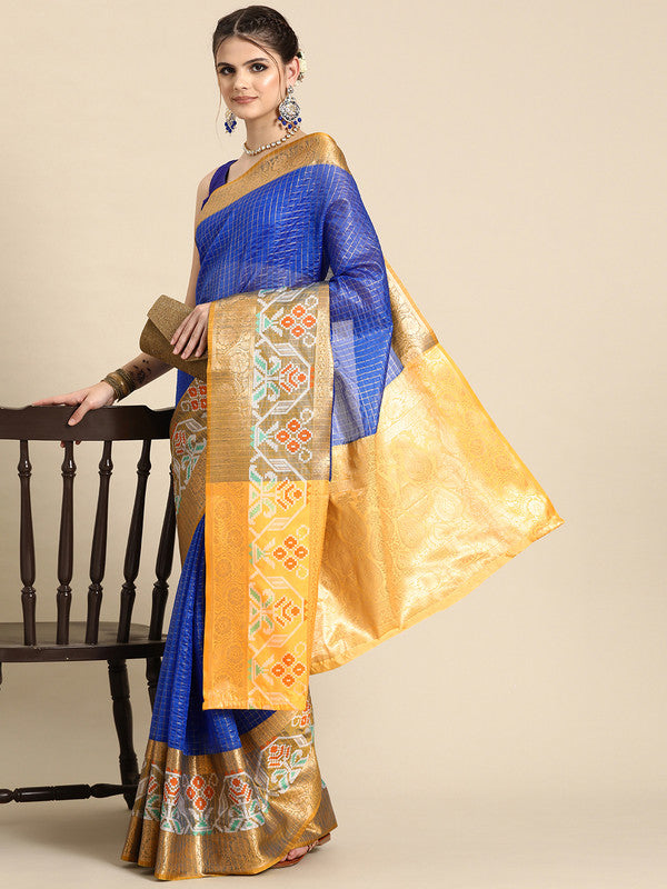 Blue Banarasi Silk Woven Zari Design Checked Saree with Unstitched Blouse - Hiral Fashion | Grocsy