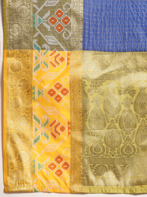 Blue Banarasi Silk Woven Zari Design Checked Saree with Unstitched Blouse - Hiral Fashion | Grocsy