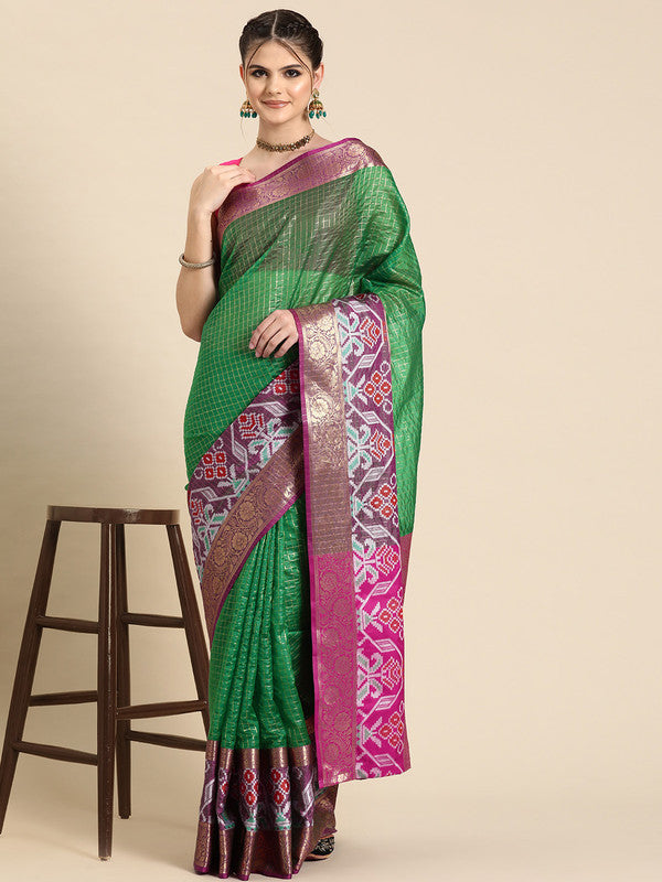 Green Banarasi Silk Woven Zari Design Checked Saree with Unstitched Blouse - Hiral Fashion | Grocsy