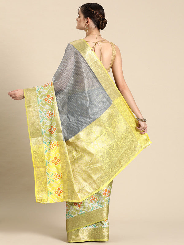 Gray Banarasi Silk Woven Zari Design Checked Saree with Unstitched Blouse - Hiral Fashion | Grocsy