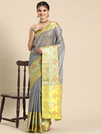 Gray Banarasi Silk Woven Zari Design Checked Saree with Unstitched Blouse - Hiral Fashion | Grocsy