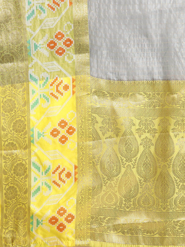 Gray Banarasi Silk Woven Zari Design Checked Saree with Unstitched Blouse - Hiral Fashion | Grocsy