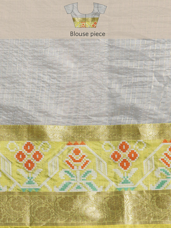 Gray Banarasi Silk Woven Zari Design Checked Saree with Unstitched Blouse - Hiral Fashion | Grocsy