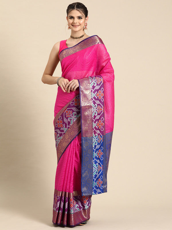 Pink Banarasi Silk Woven Zari Design Checked Saree with Unstitched Blouse - Hiral Fashion | Grocsy