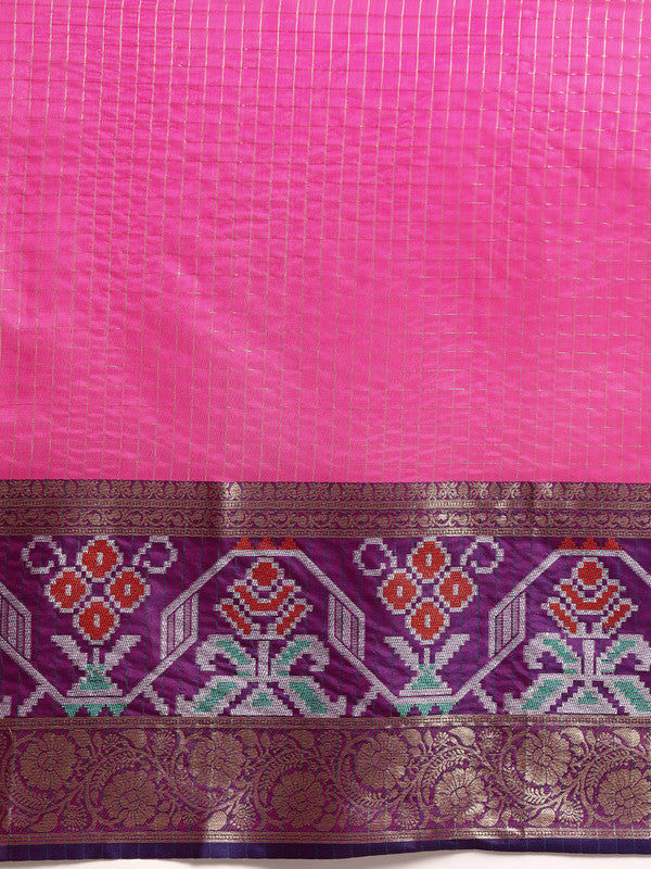 Pink Banarasi Silk Woven Zari Design Checked Saree with Unstitched Blouse - Hiral Fashion | Grocsy