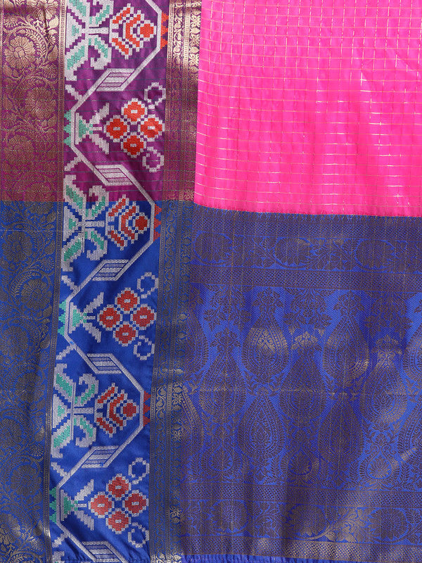Pink Banarasi Silk Woven Zari Design Checked Saree with Unstitched Blouse - Hiral Fashion | Grocsy