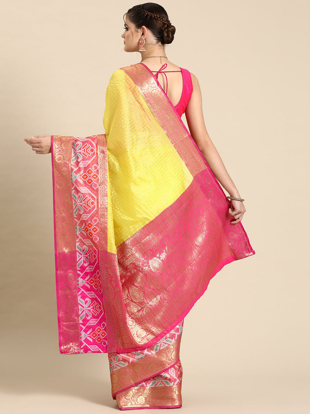 Yellow Banarasi Silk Woven Zari Design Checked Saree with Unstitched Blouse - Hiral Fashion | Grocsy