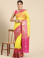 Yellow Banarasi Silk Woven Zari Design Checked Saree with Unstitched Blouse - Hiral Fashion | Grocsy