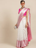 White Silk Blend Woven Zari Design Polka Dots Saree with Unstitched Blouse - Hiral Fashion | Grocsy