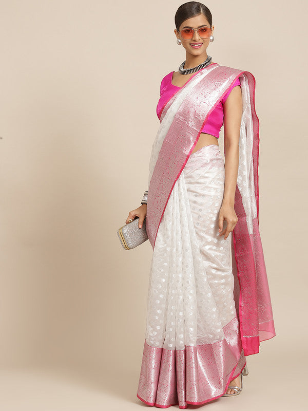 White Silk Blend Woven Zari Design Polka Dots Saree with Unstitched Blouse - Hiral Fashion | Grocsy