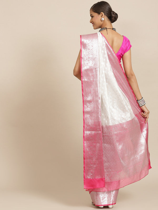 White Silk Blend Woven Zari Design Polka Dots Saree with Unstitched Blouse - Hiral Fashion | Grocsy