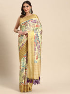 Beige Art Silk Printed Embellished Saree with Unstitched Blouse - Hiral Fashion | Grocsy