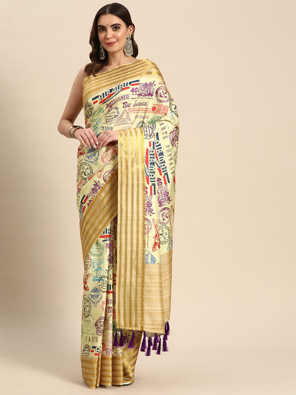 Beige Art Silk Printed Embellished Saree with Unstitched Blouse - Hiral Fashion | Grocsy