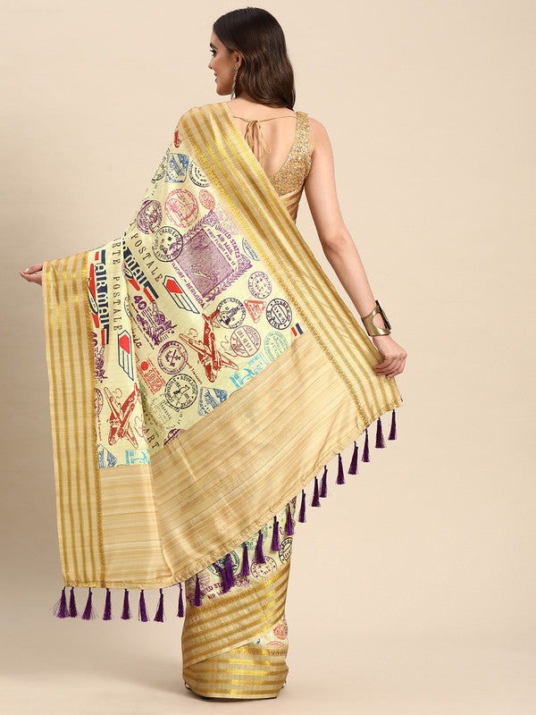 Beige Art Silk Printed Embellished Saree with Unstitched Blouse - Hiral Fashion | Grocsy