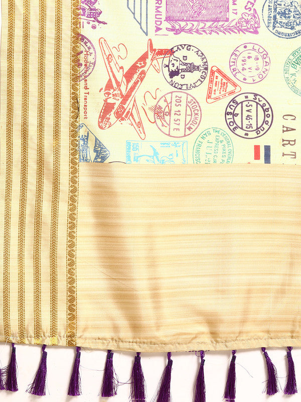 Beige Art Silk Printed Embellished Saree with Unstitched Blouse - Hiral Fashion | Grocsy