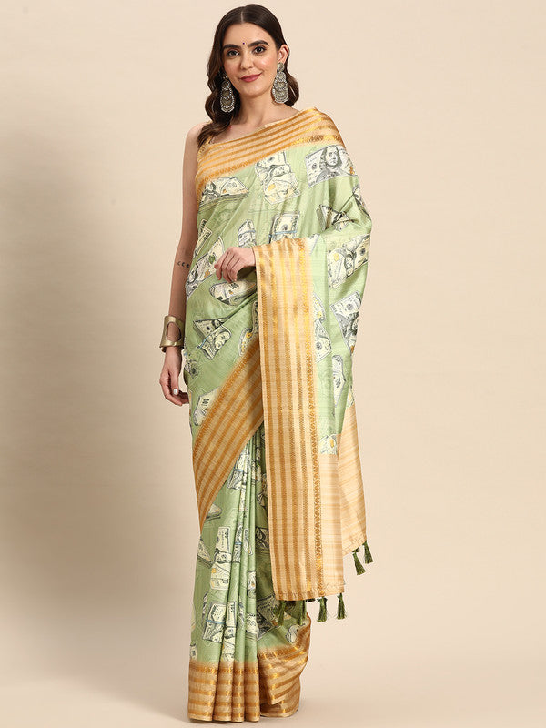 Green Art Silk Printed Embellished Saree with Unstitched Blouse - Hiral Fashion | Grocsy