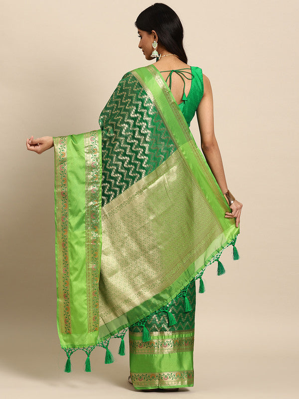 Green Silk Blend Woven Zari Design Abstract Saree with Unstitched Blouse - Hiral Fashion | Grocsy