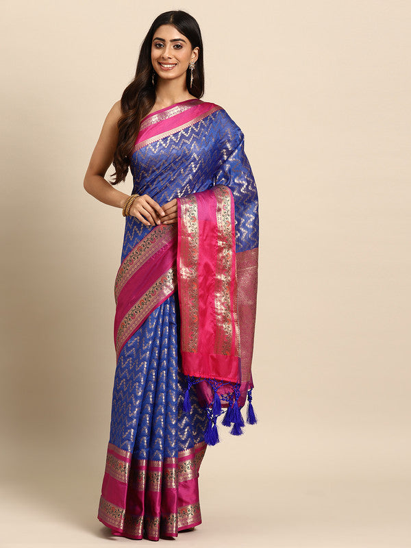 Navy Blue Silk Blend Woven Zari Design Abstract Saree with Unstitched Blouse - Hiral Fashion | Grocsy