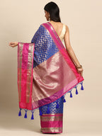 Navy Blue Silk Blend Woven Zari Design Abstract Saree with Unstitched Blouse - Hiral Fashion | Grocsy