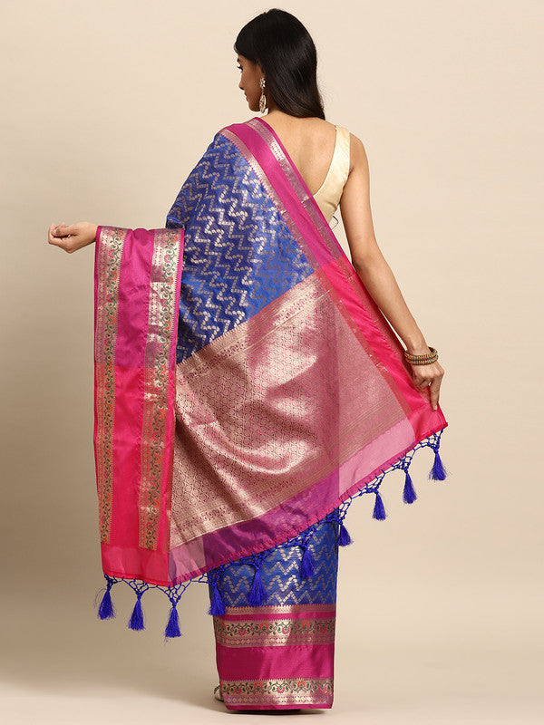 Navy Blue Silk Blend Woven Zari Design Abstract Saree with Unstitched Blouse - Hiral Fashion | Grocsy