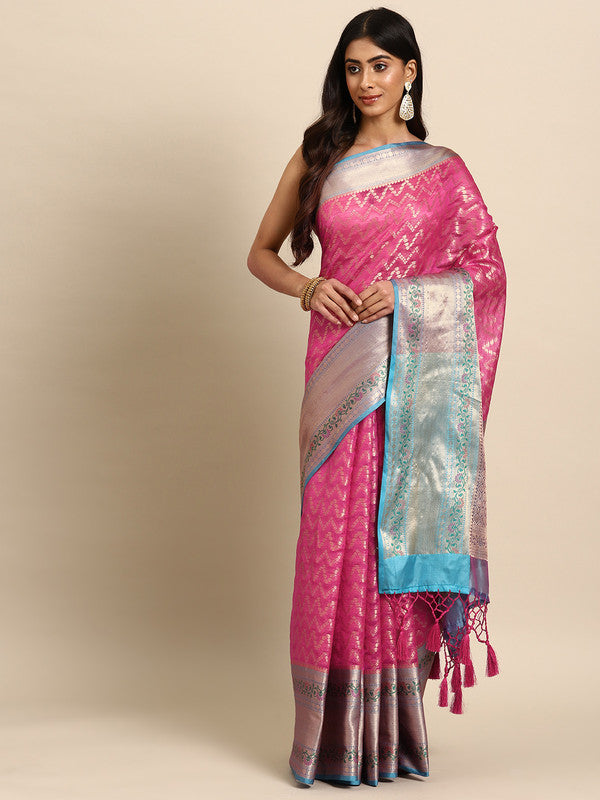 Pink Silk Blend Woven Zari Design Abstract Saree with Unstitched Blouse - Hiral Fashion | Grocsy