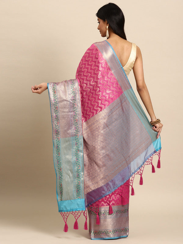 Pink Silk Blend Woven Zari Design Abstract Saree with Unstitched Blouse - Hiral Fashion | Grocsy