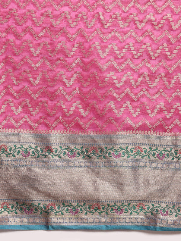Pink Silk Blend Woven Zari Design Abstract Saree with Unstitched Blouse - Hiral Fashion | Grocsy