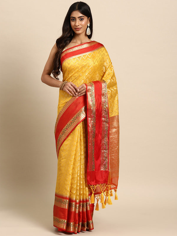 Yellow Silk Blend Woven Zari Design Abstract Saree with Unstitched Blouse - Hiral Fashion | Grocsy